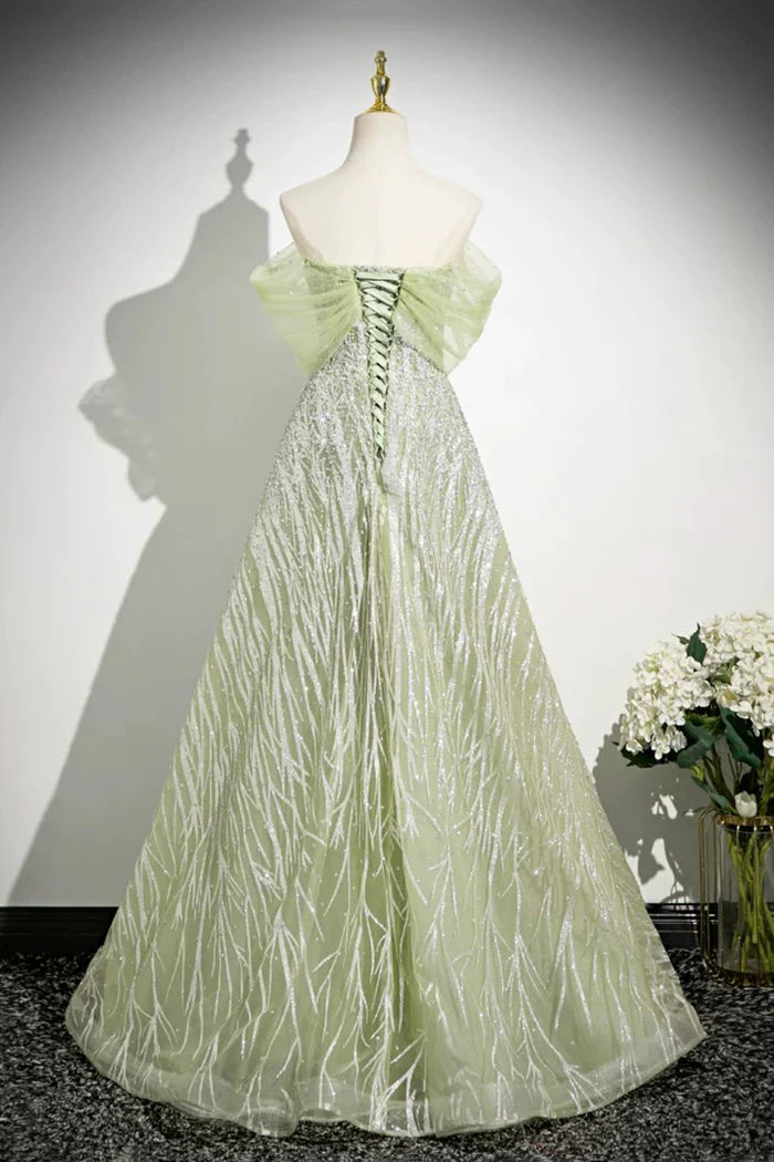Green Tulle Sequins Long Prom Dress, Beautiful Off the Shoulder Party Dress